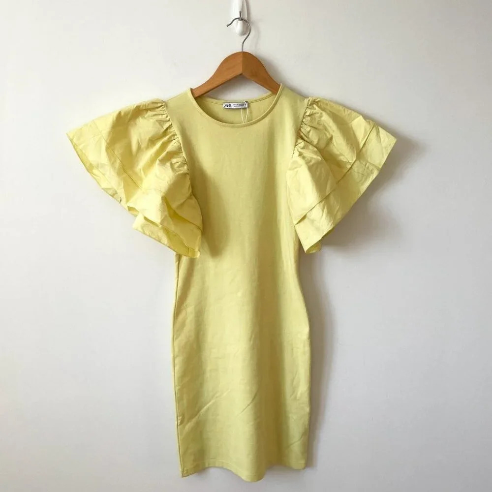 Zara Puff Voluminous Ruffle Poplin Sleeve Bodycon Mini Dress Pastel Yellow Small - Picture 2 of 8